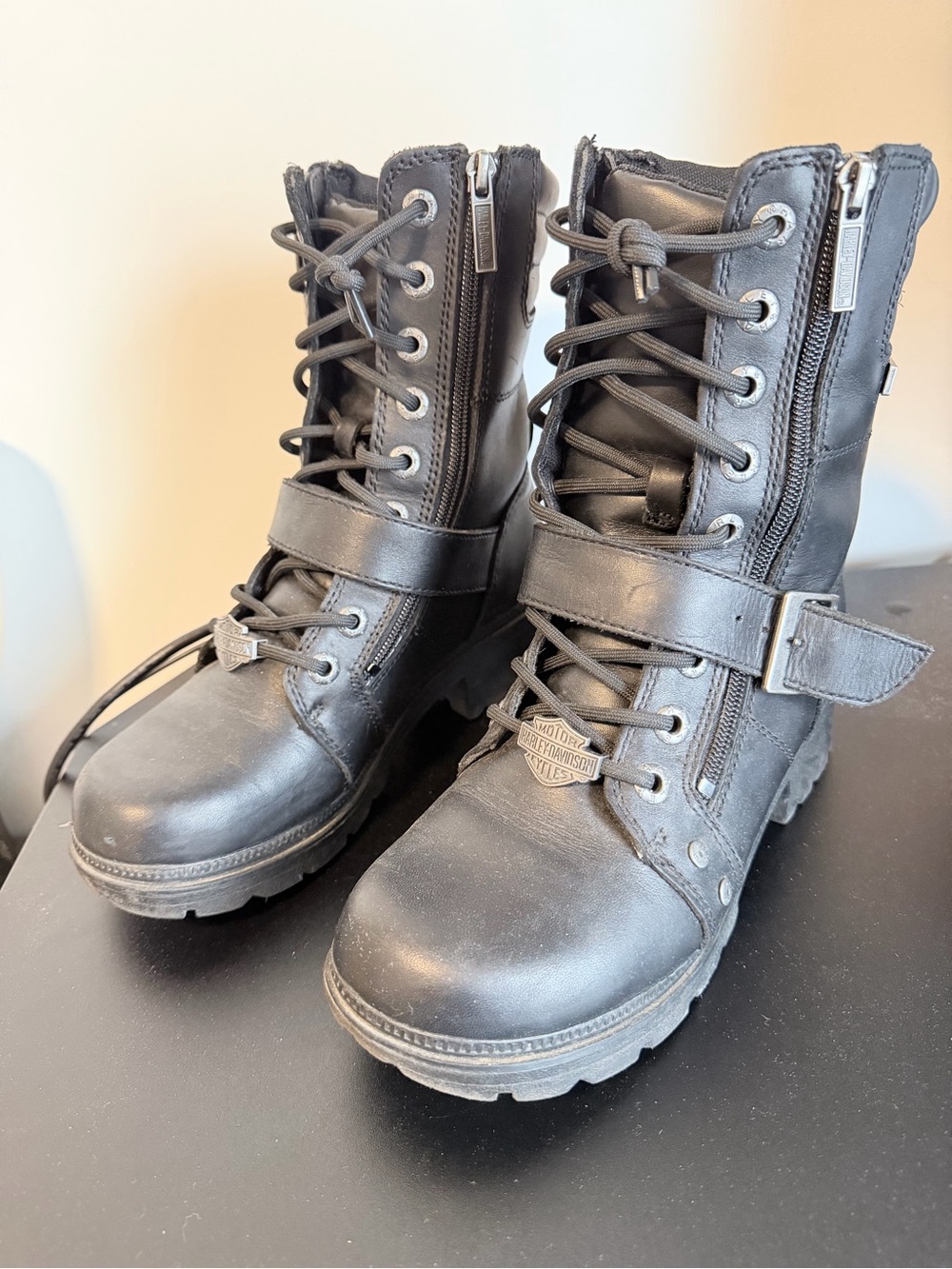 Harley-Davidson Black Leather Lace-Up Side-Zip Moto Combat Boots